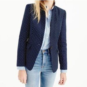 New J.Crew 100% Linen Regent Polka Dot Blazer Navy 12 $188